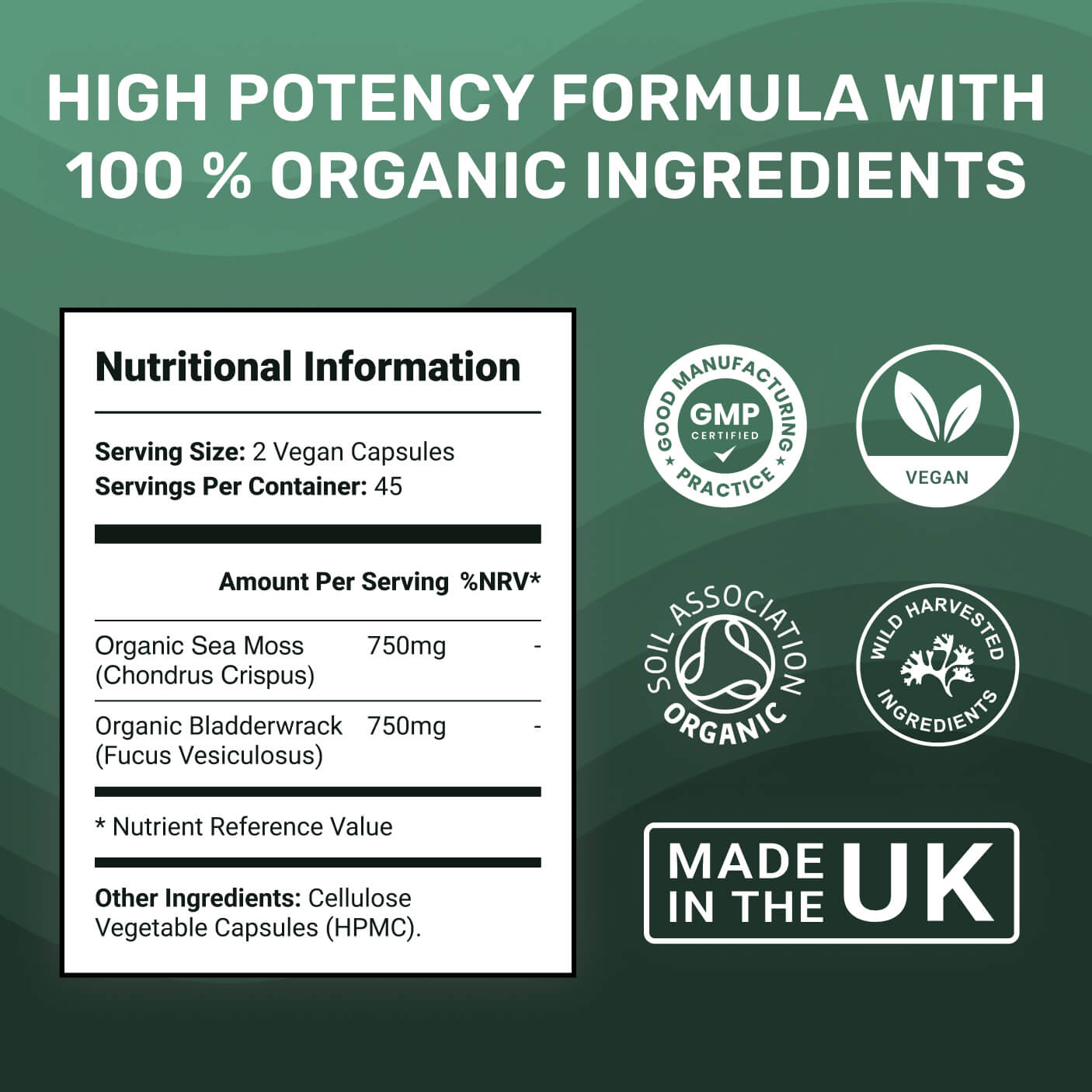 Nutritional information for Marine Organics certified organic Sea Moss & Bladderwrack capsules